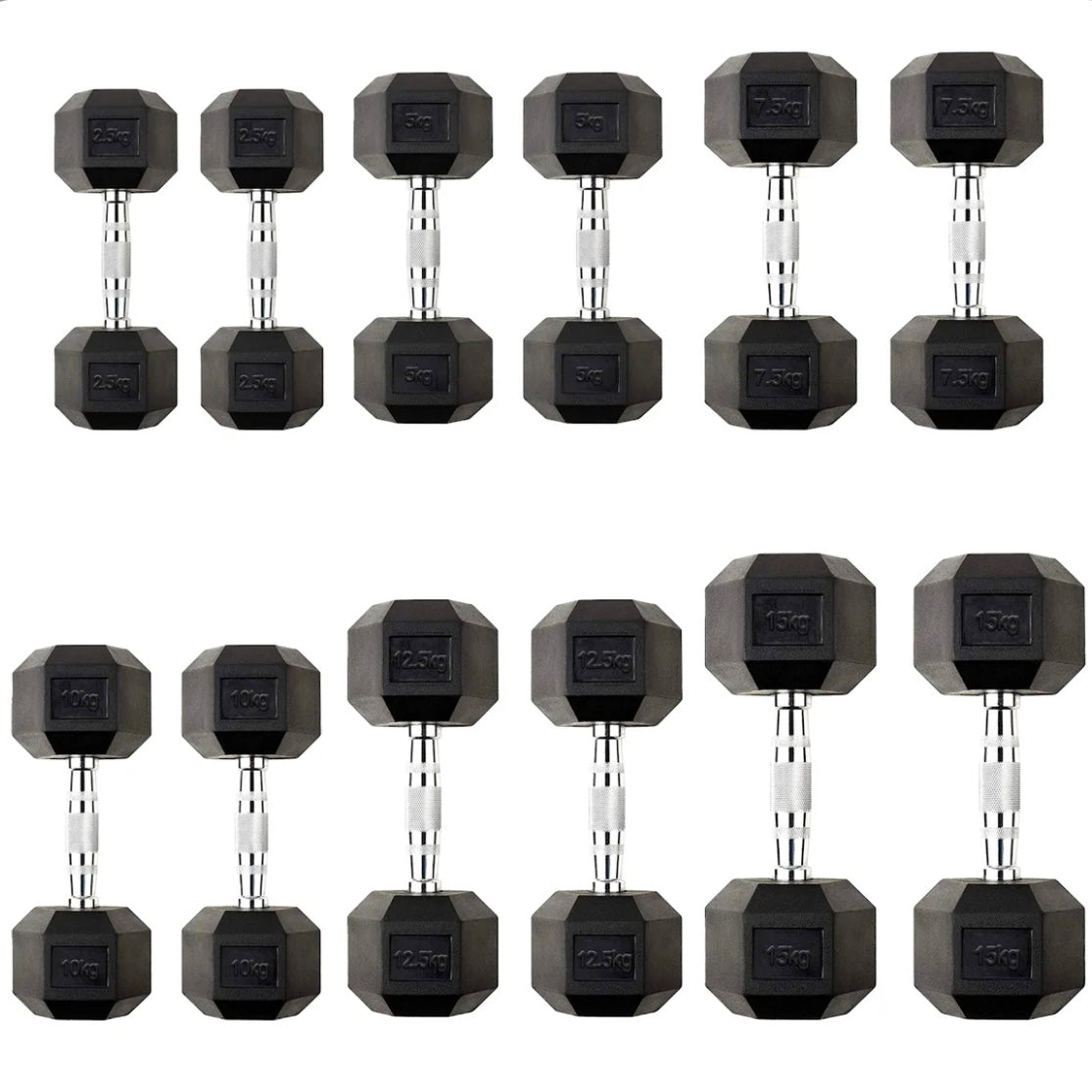2.5kg-15kg Hex Dumbbell Set (2.5kg increments)